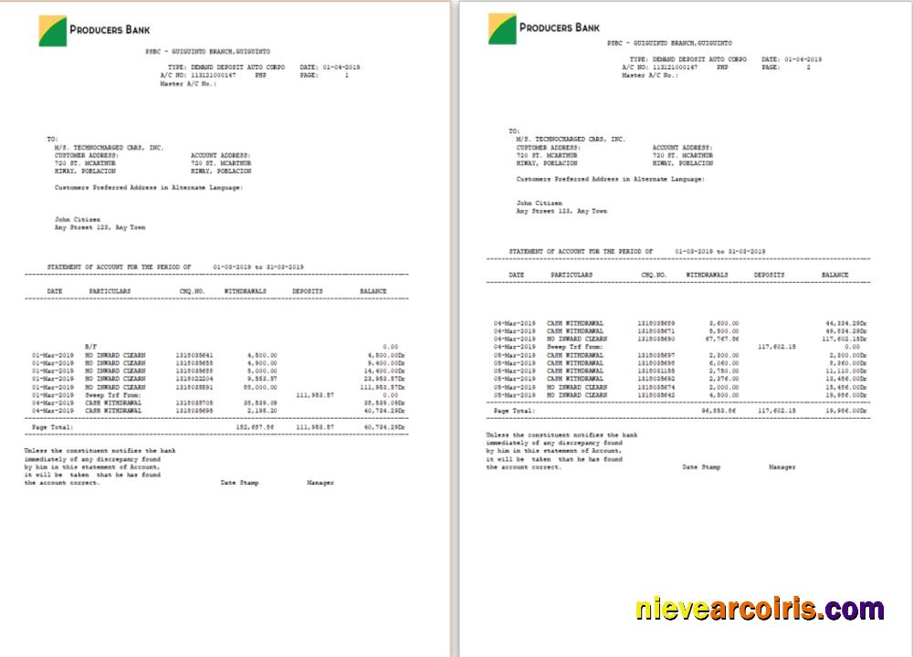 Philippines Producers Bank statement Word and PDF, 2 pages